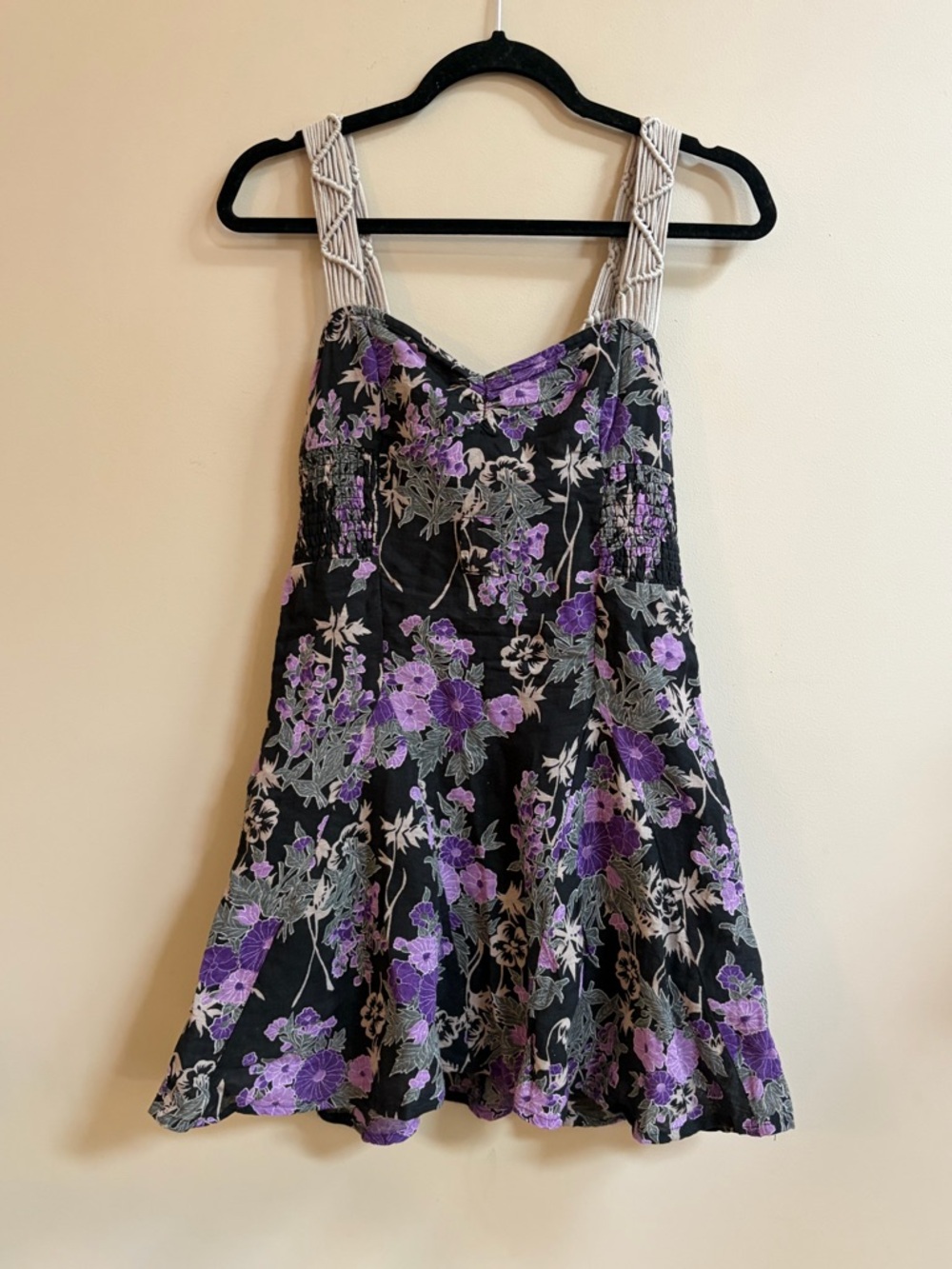 Free People Y2K Vintage Cotton Linen Purple Black Mini Dress Whimsigoth Cottage